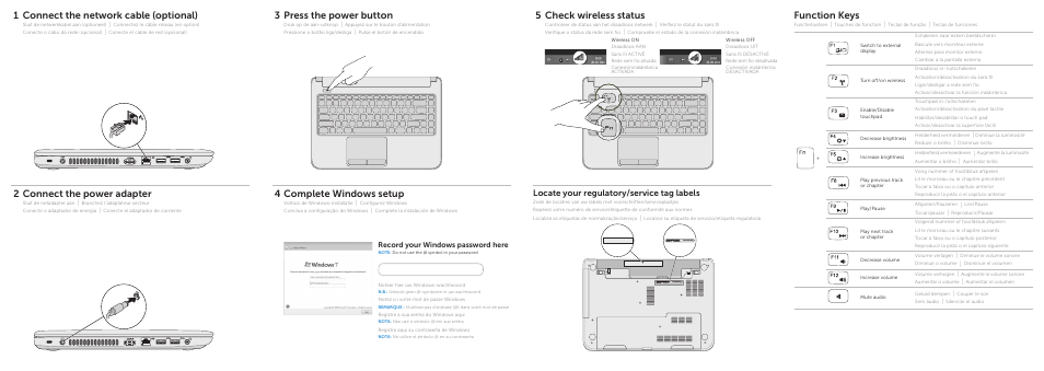 Function keys, 4connect the network cable (optional), Connect the power adapter | 12 3 press the power button, Complete windows setup, Check wireless status, Locate your regulatory/service tag labels, Record your windows password here | Dell Inspiron 14R (5437, Mid 2013) User Manual | Page 2 / 2