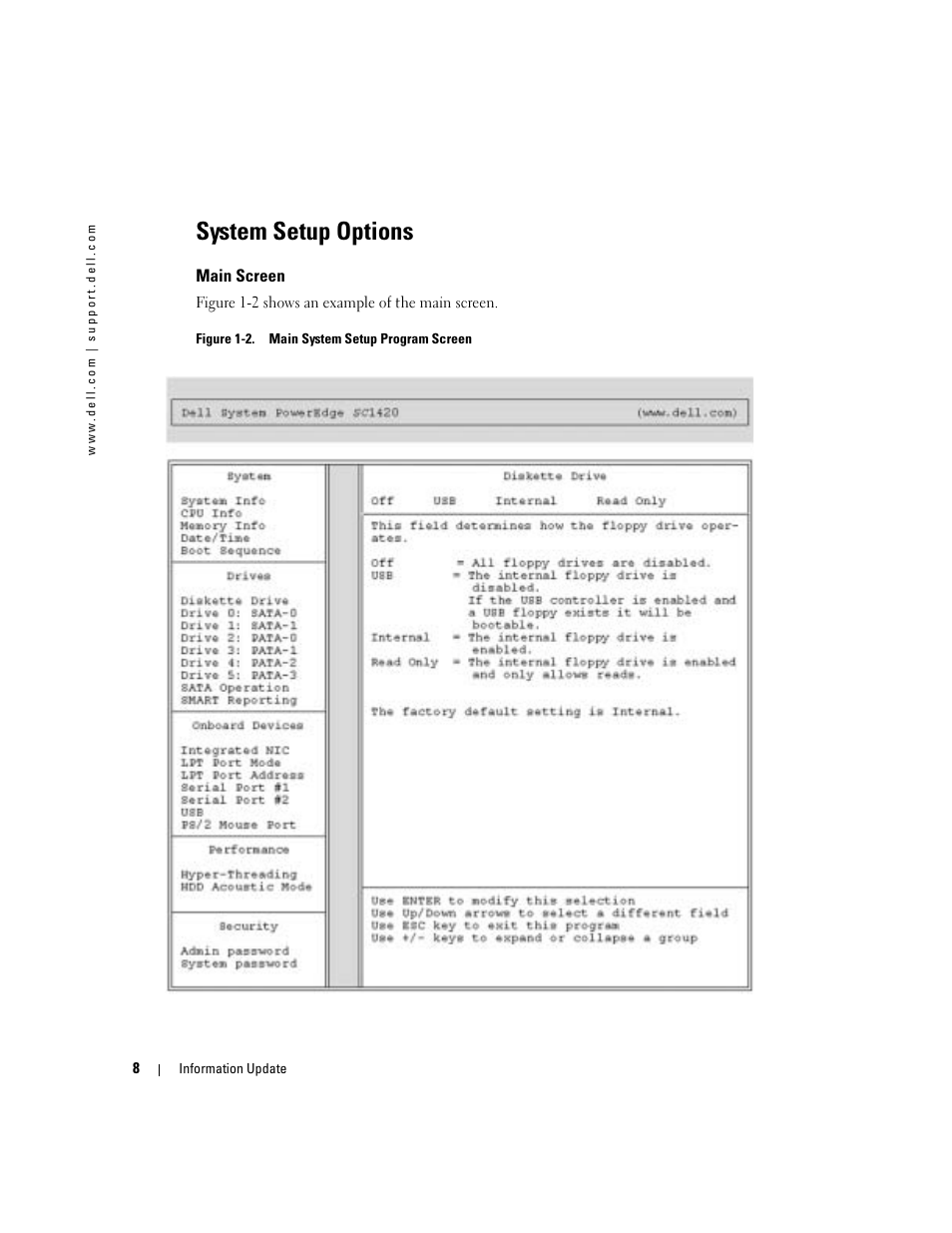 System setup options, Main screen, Figure 1-2 | Main system setup program screen | Dell PowerEdge SC1420 User Manual | Page 10 / 132