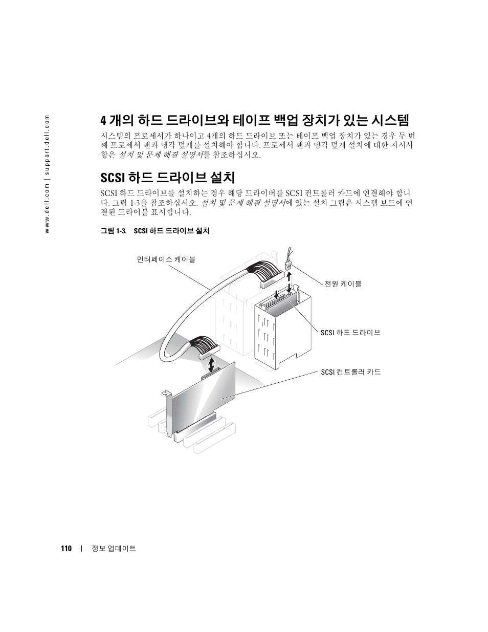 4개의 하드 드라이브와 테이프 백업 장치가 있는 시스템, Scsi 하드 드라이브 설치, 4 개의 하드 드라이브와 테이프 백업 장치가 있는 시스템 | 그림 1-3, Scsi, 하드 드라이브 설치 | Dell PowerEdge SC1420 User Manual | Page 112 / 132