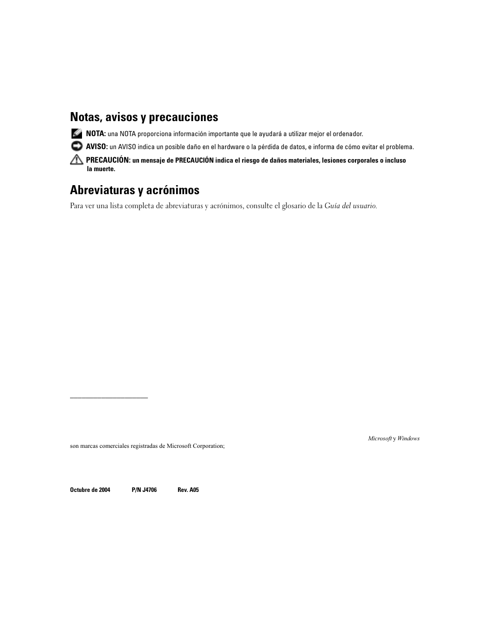 Notas, avisos y precauciones, Abreviaturas y acrónimos | Dell PowerEdge SC1420 User Manual | Page 116 / 132