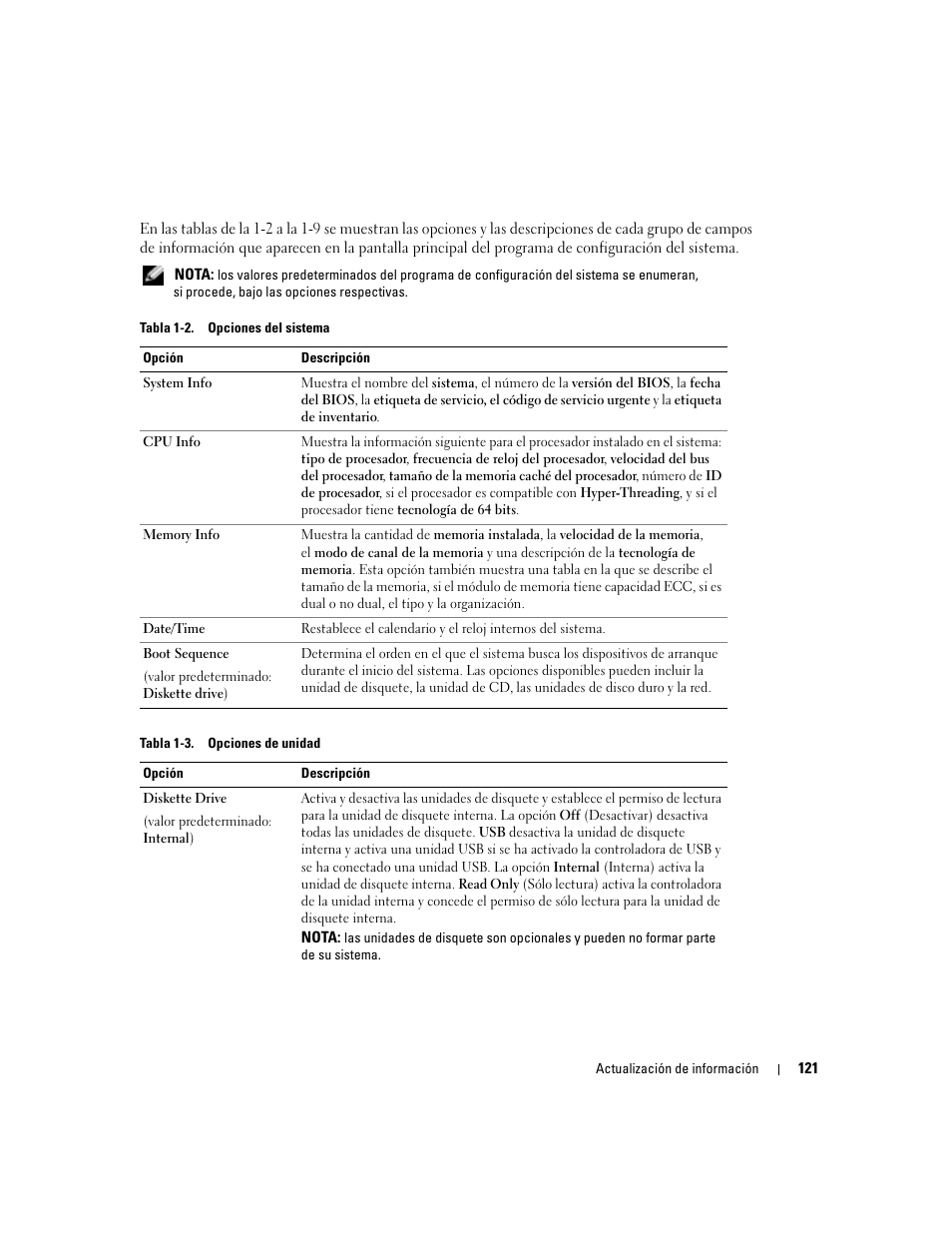 Tabla 1-2, Opciones del sistema, Tabla 1-3 | Opciones de unidad | Dell PowerEdge SC1420 User Manual | Page 123 / 132