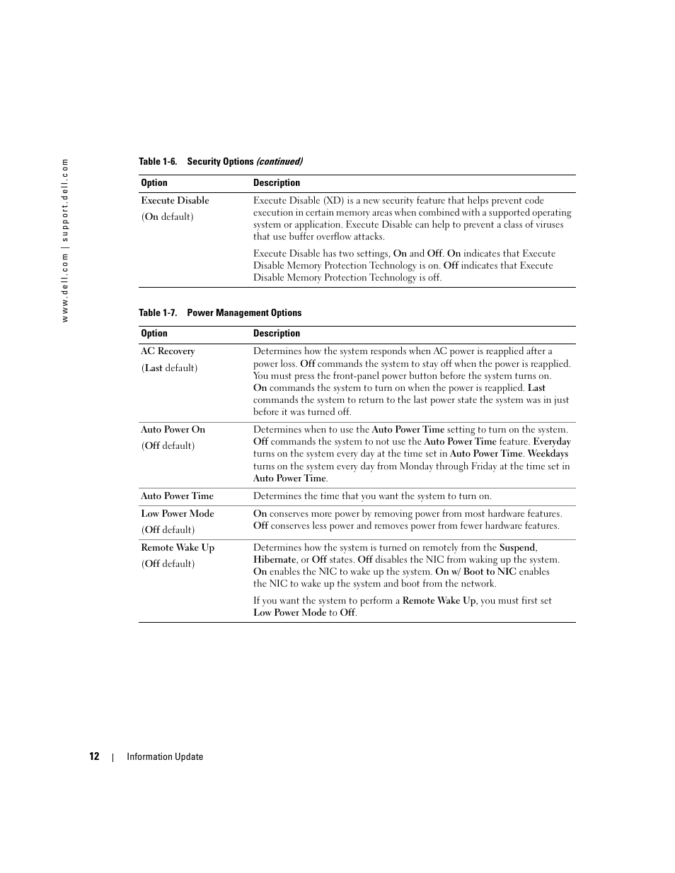 Table 1-7, Power management options | Dell PowerEdge SC1420 User Manual | Page 14 / 132
