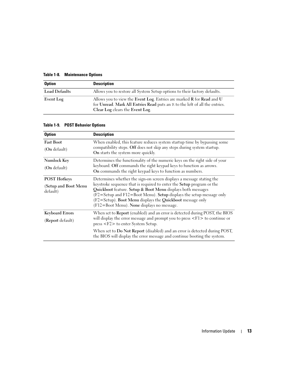 Table 1-8, Maintenance options, Table 1-9 | Post behavior options | Dell PowerEdge SC1420 User Manual | Page 15 / 132
