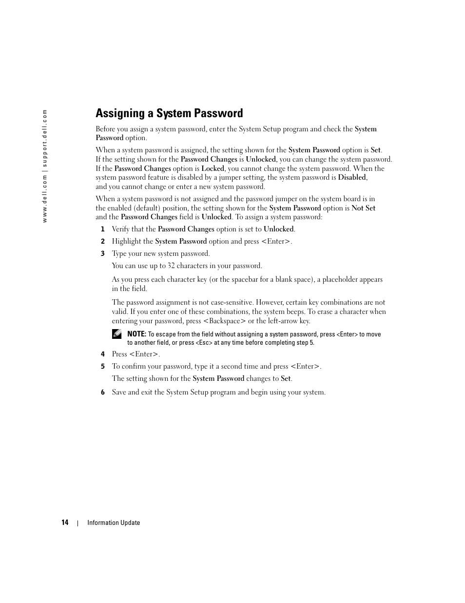 Assigning a system password | Dell PowerEdge SC1420 User Manual | Page 16 / 132
