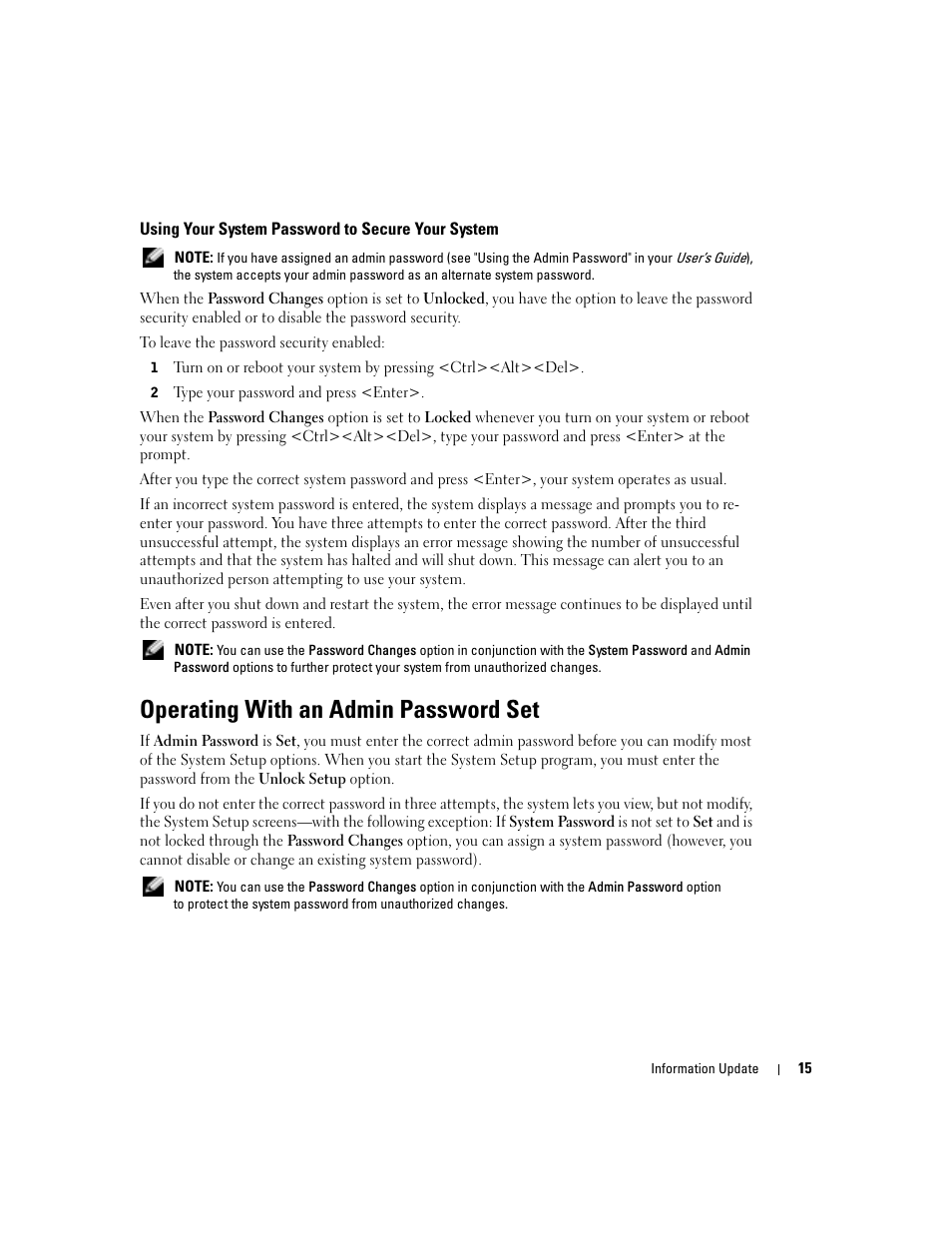 Using your system password to secure your system, Operating with an admin password set | Dell PowerEdge SC1420 User Manual | Page 17 / 132