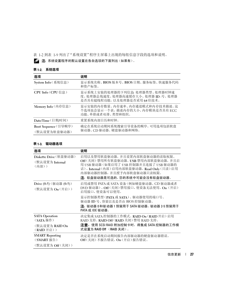 表 1-2, 系统选项, 表 1-3 | 驱动器选项 | Dell PowerEdge SC1420 User Manual | Page 29 / 132