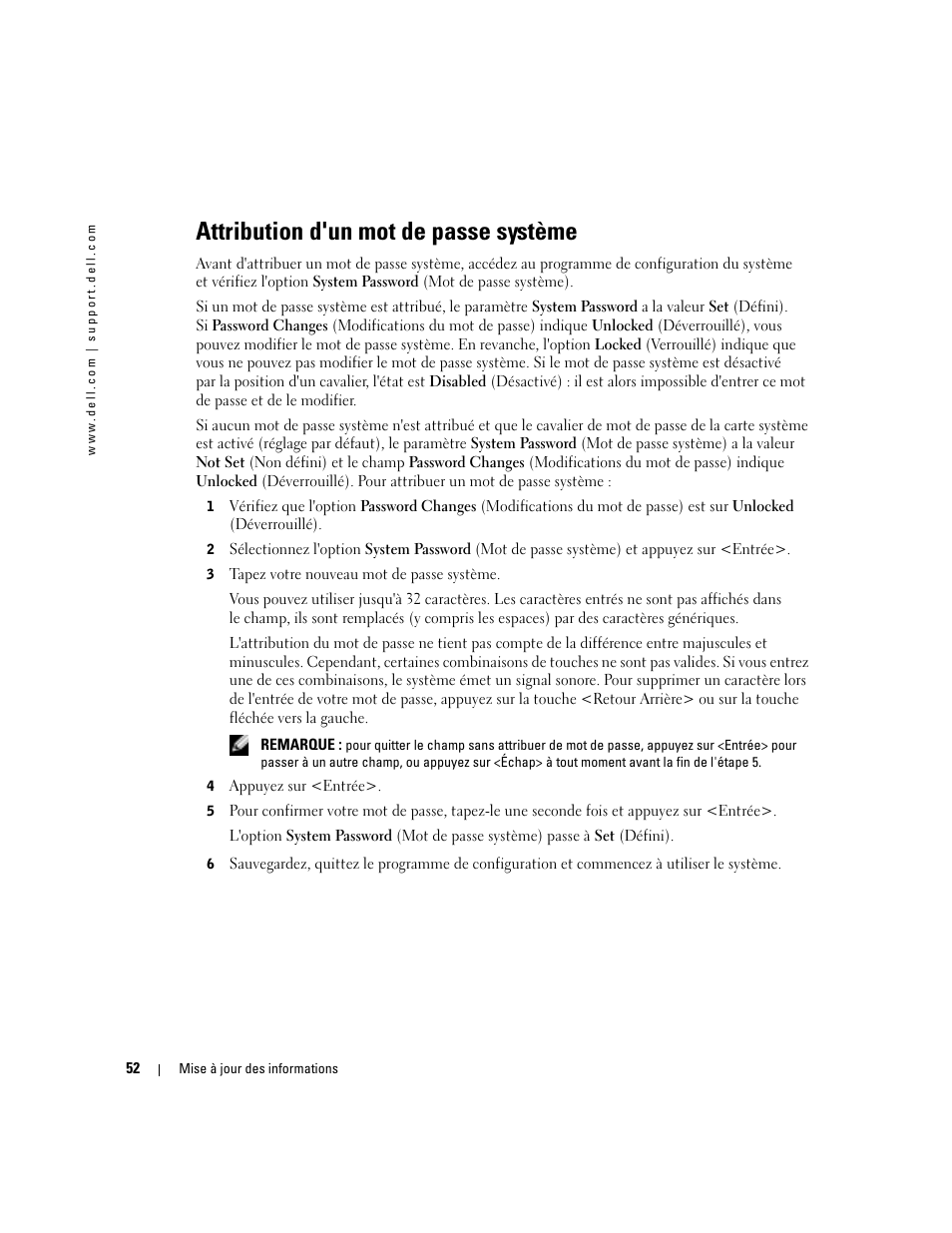 Attribution d'un mot de passe système | Dell PowerEdge SC1420 User Manual | Page 54 / 132