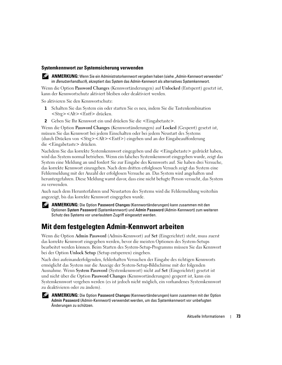 Systemkennwort zur systemsicherung verwenden, Mit dem festgelegten admin-kennwort arbeiten | Dell PowerEdge SC1420 User Manual | Page 75 / 132