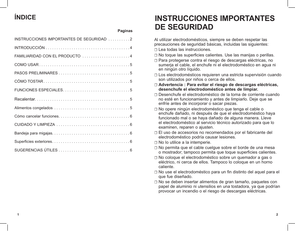 Instrucciones importantes de seguridad, Índice | Black & Decker T1701SKT User Manual | Page 2 / 11