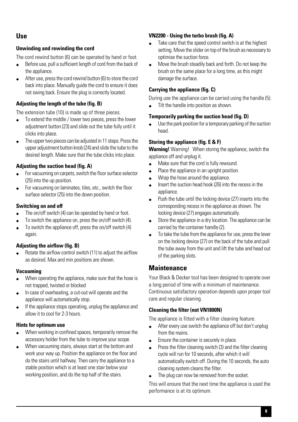 Maintenance | Black & Decker VN2205 User Manual | Page 8 / 16