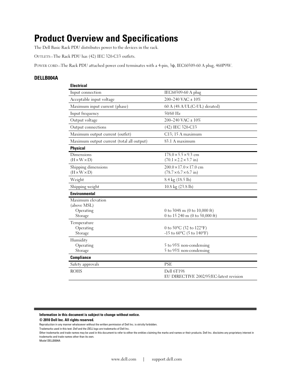 Product overview and specifications, Dellb004a | Dell Basic PDU User Manual | Page 3 / 10