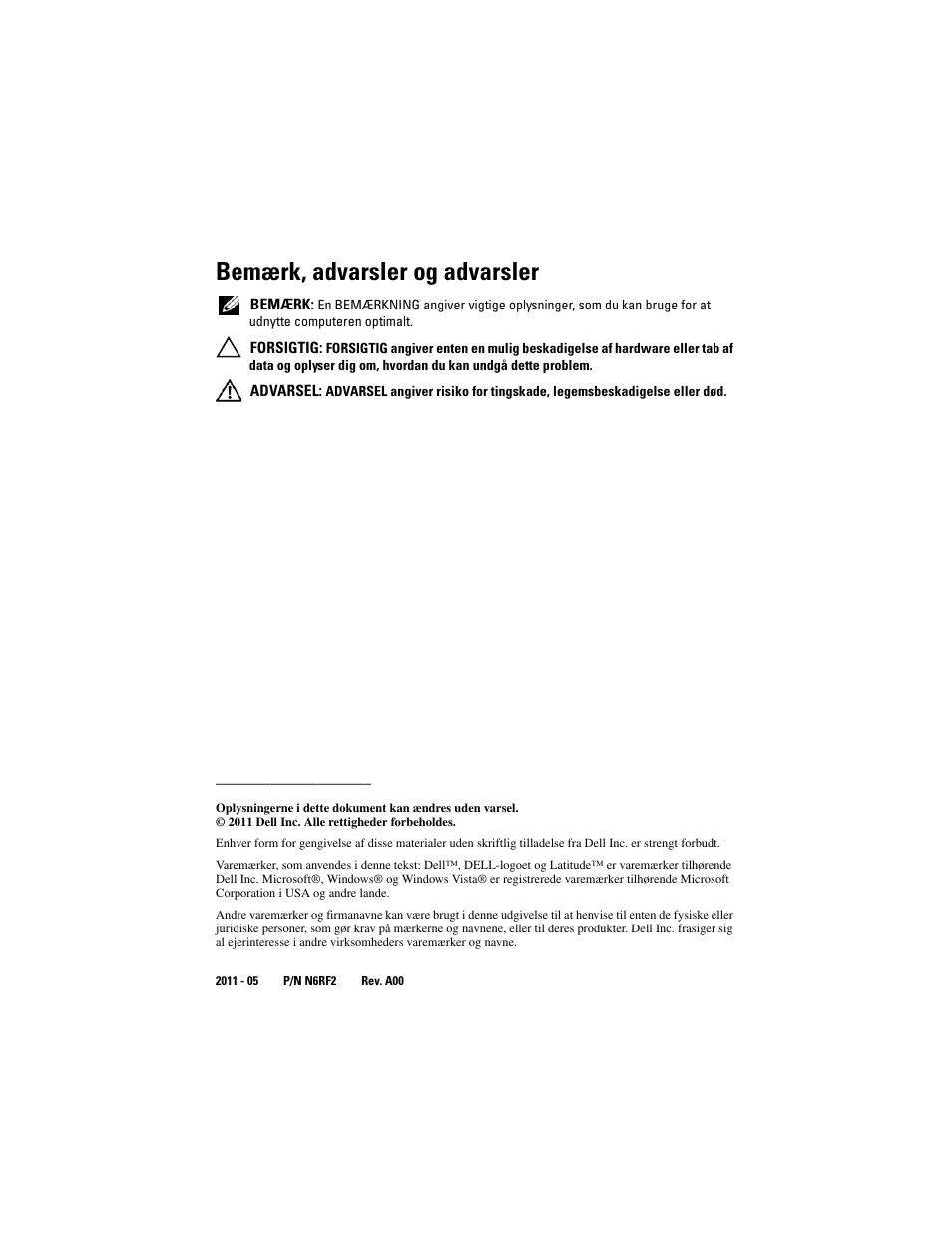Bemærk, advarsler og advarsler | Dell Latitude XT3 (Mid 2011) User Manual | Page 12 / 108