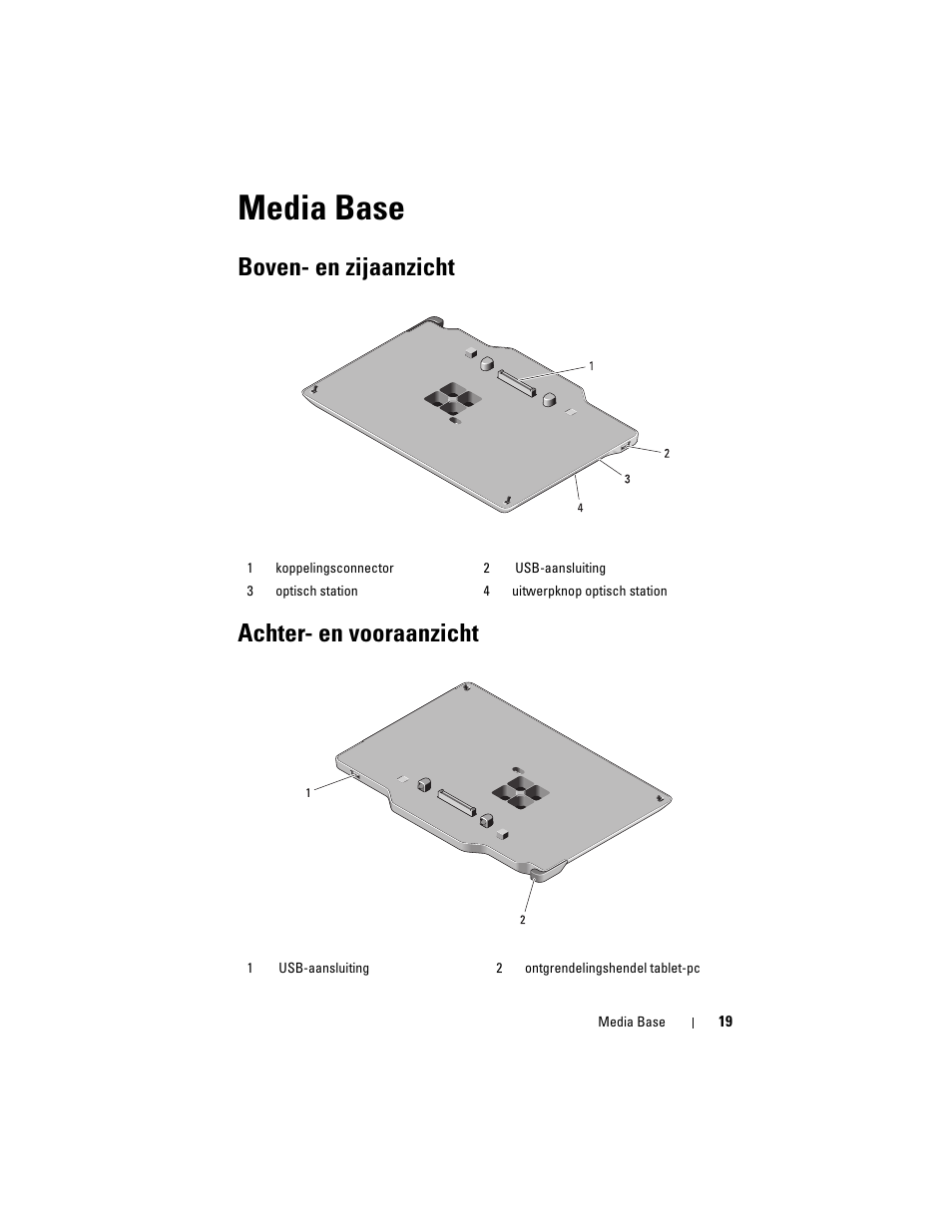 Media base, Boven- en zijaanzicht achter- en vooraanzicht | Dell Latitude XT3 (Mid 2011) User Manual | Page 21 / 108