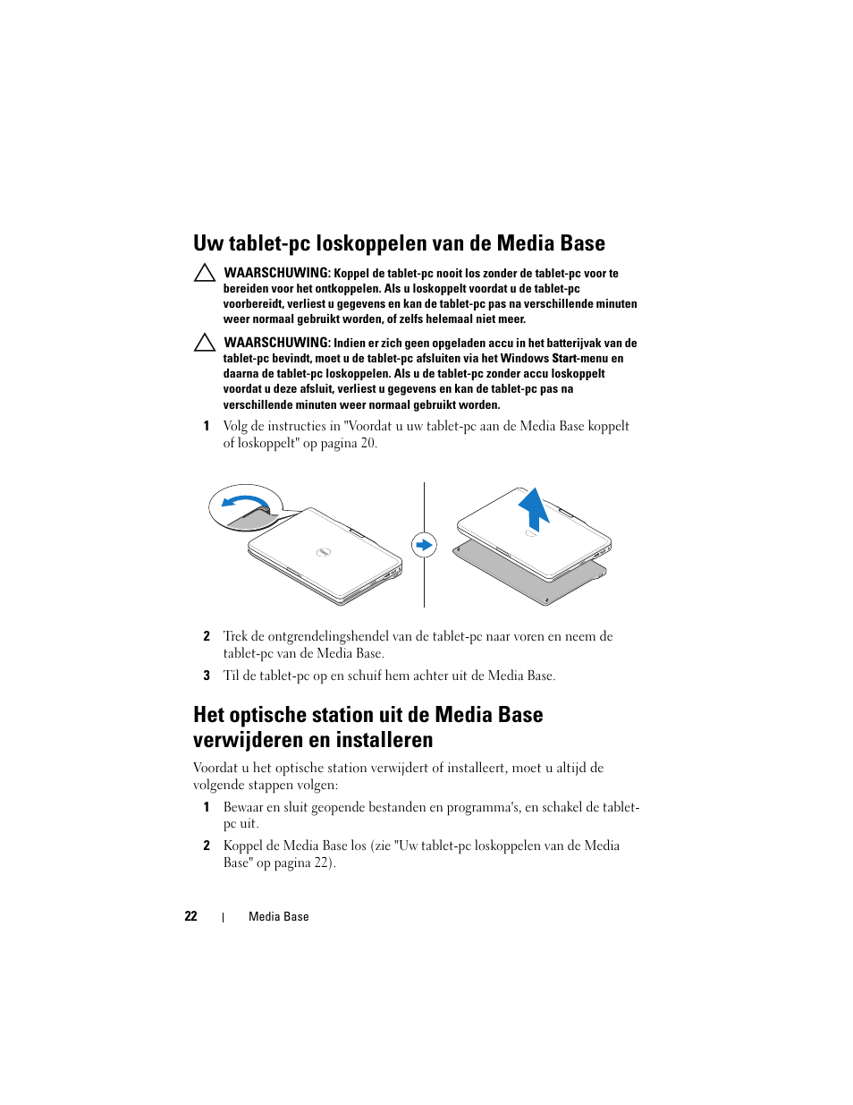 Uw tablet-pc loskoppelen van de media base | Dell Latitude XT3 (Mid 2011) User Manual | Page 24 / 108