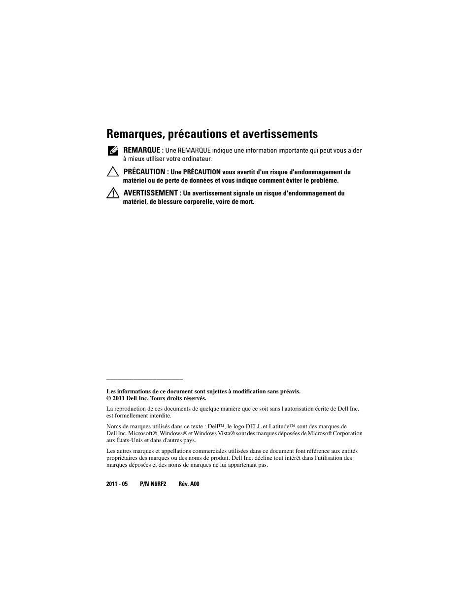 Remarques, précautions et avertissements | Dell Latitude XT3 (Mid 2011) User Manual | Page 36 / 108