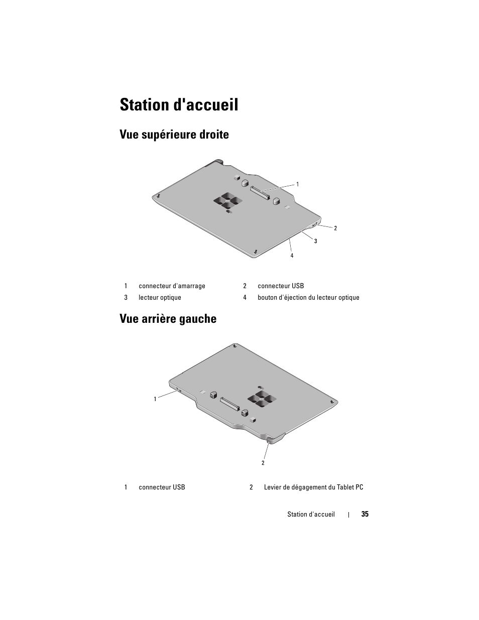 Station d'accueil, Vue supérieure droite vue arrière gauche | Dell Latitude XT3 (Mid 2011) User Manual | Page 37 / 108