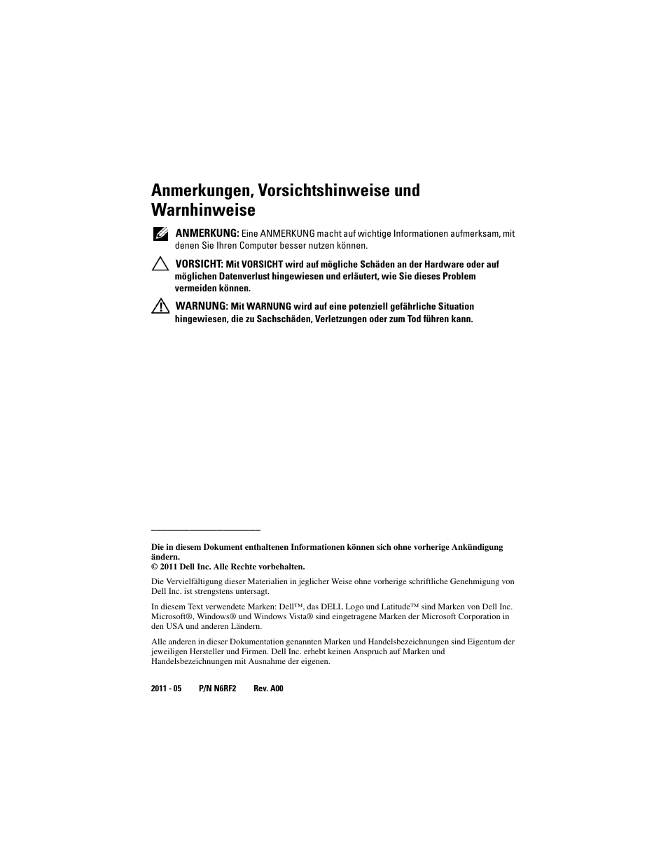 Anmerkungen, vorsichtshinweise und warnhinweise | Dell Latitude XT3 (Mid 2011) User Manual | Page 44 / 108