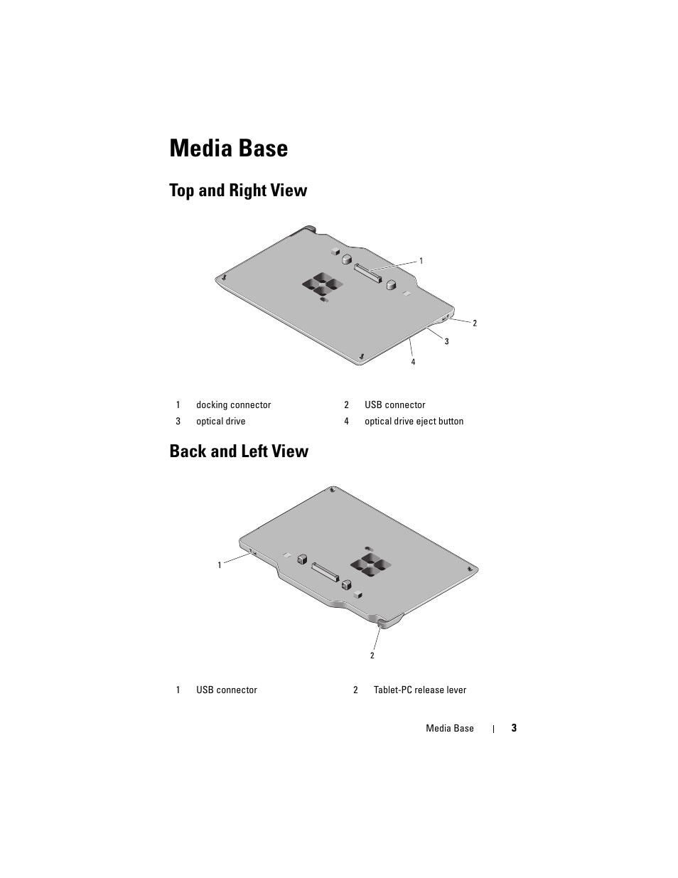 Media base, Top and right view back and left view | Dell Latitude XT3 (Mid 2011) User Manual | Page 5 / 108