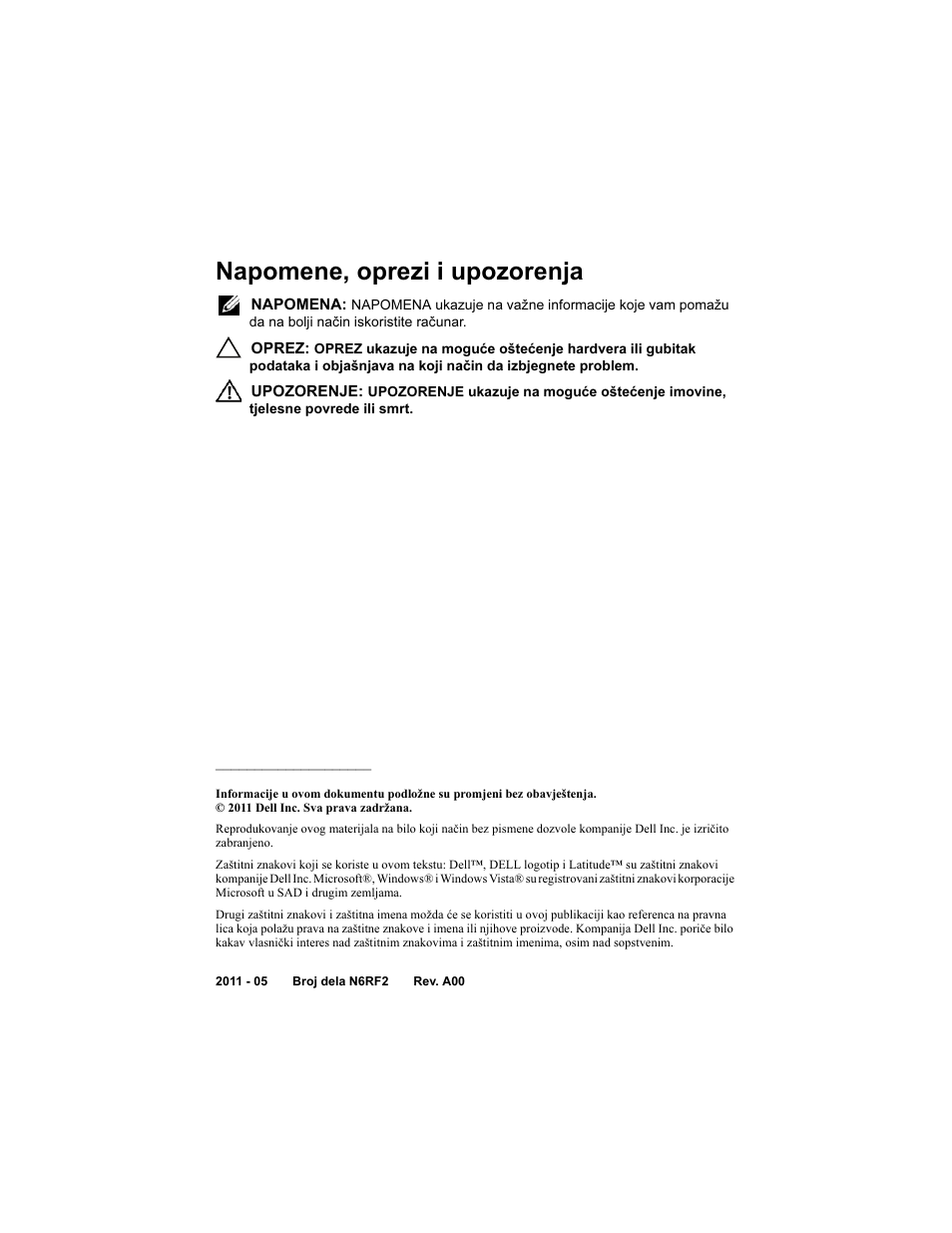 Napomene, oprezi i upozorenja | Dell Latitude XT3 (Mid 2011) User Manual | Page 60 / 108