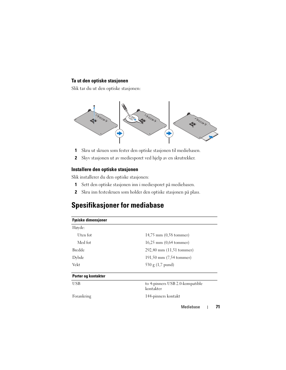 Spesifikasjoner for mediabase | Dell Latitude XT3 (Mid 2011) User Manual | Page 73 / 108