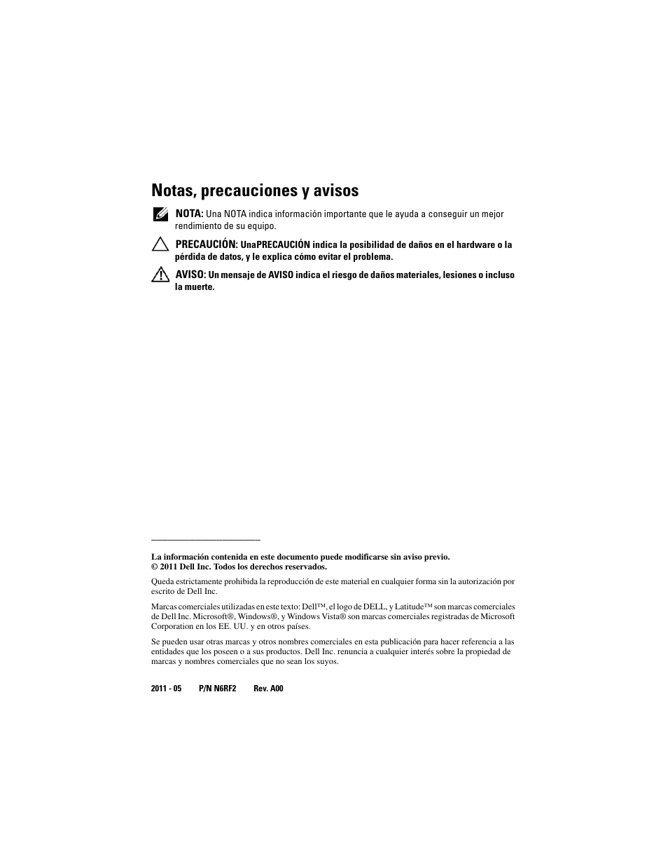 Notas, precauciones y avisos | Dell Latitude XT3 (Mid 2011) User Manual | Page 84 / 108