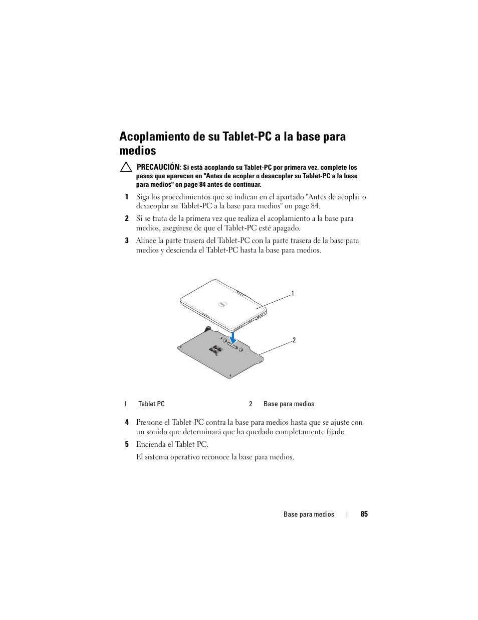 Acoplamiento de su tablet-pc a la base para medios | Dell Latitude XT3 (Mid 2011) User Manual | Page 87 / 108