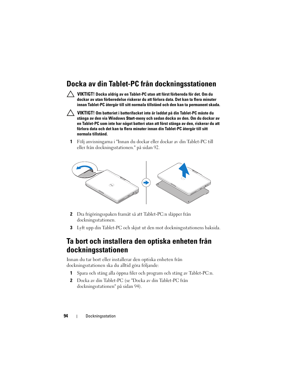 Docka av din tablet-pc från dockningsstationen | Dell Latitude XT3 (Mid 2011) User Manual | Page 96 / 108