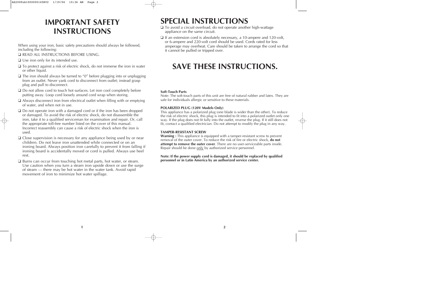 Important safety instructions, Save these instructions, Special instructions | Black & Decker AS210 User Manual | Page 2 / 13