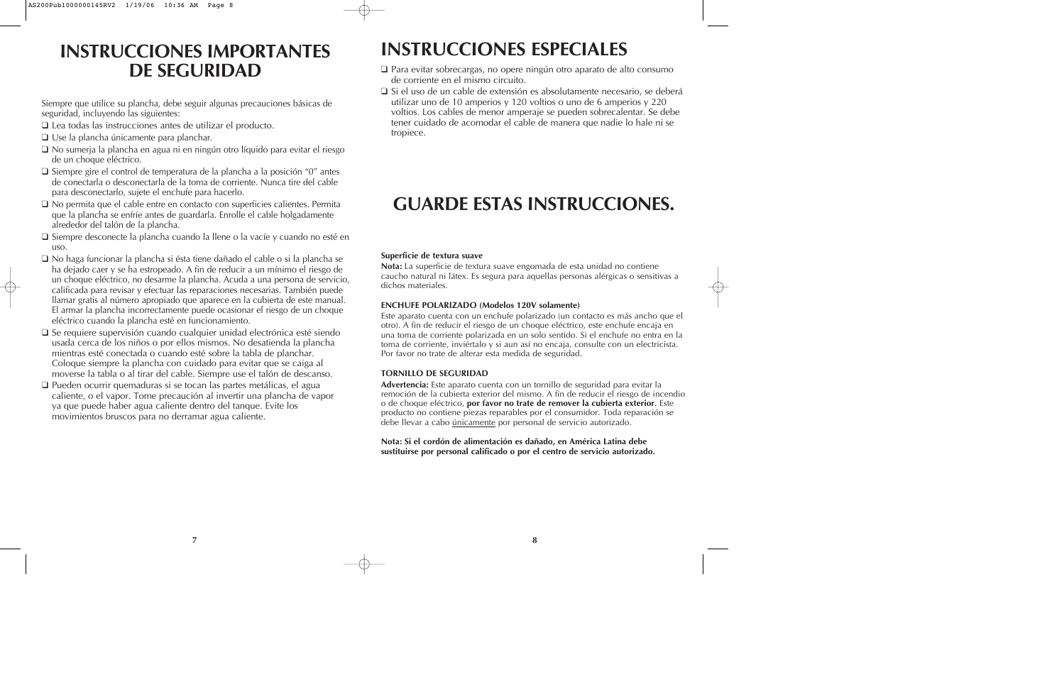 Instrucciones importantes de seguridad, Guarde estas instrucciones, Instrucciones especiales | Black & Decker AS210 User Manual | Page 5 / 13