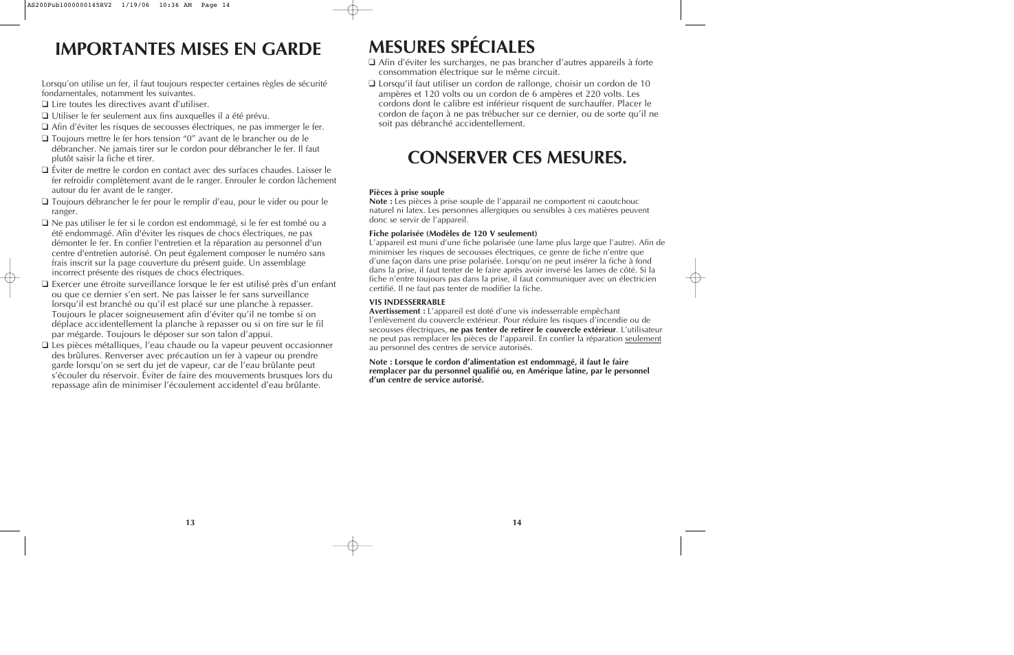 Importantes mises en garde, Mesures spéciales, Conserver ces mesures | Black & Decker AS210 User Manual | Page 8 / 13