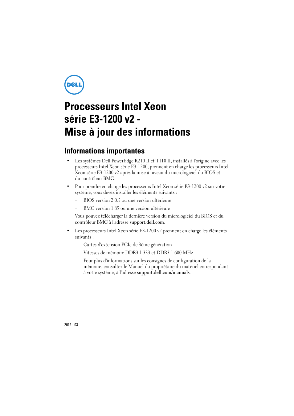 Informations importantes | Dell PowerEdge T110 II User Manual | Page 5 / 16