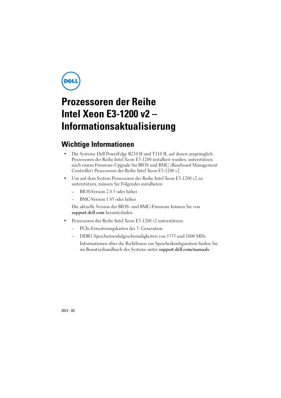 Wichtige informationen | Dell PowerEdge T110 II User Manual | Page 7 / 16