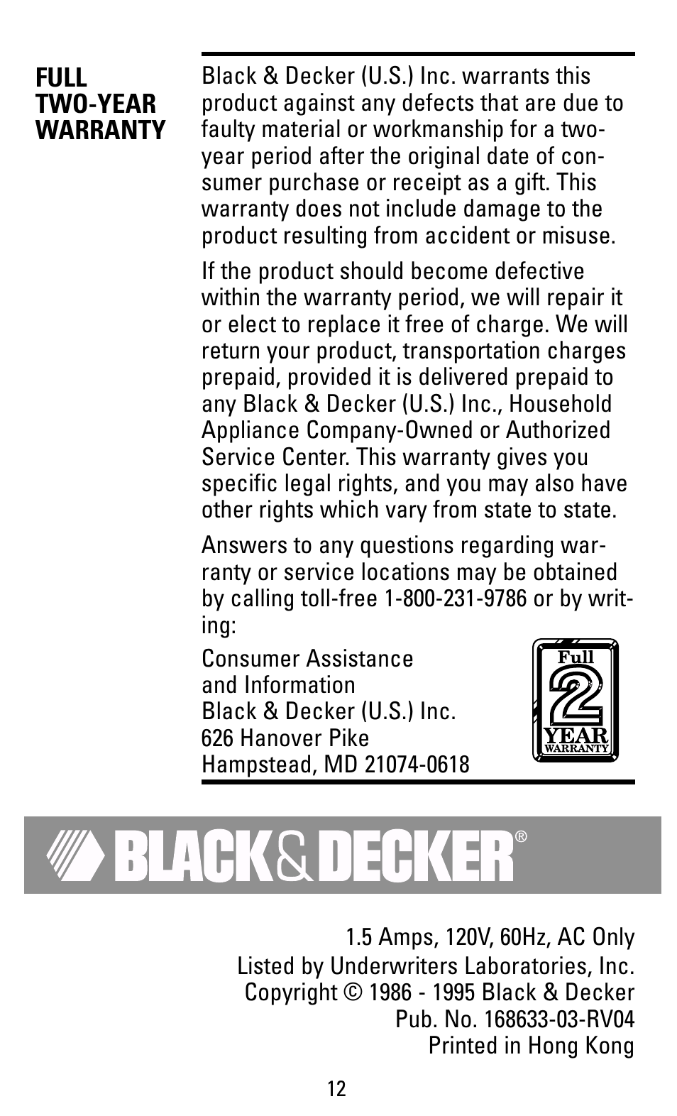 Warranty | Black & Decker EC43B User Manual | Page 12 / 12