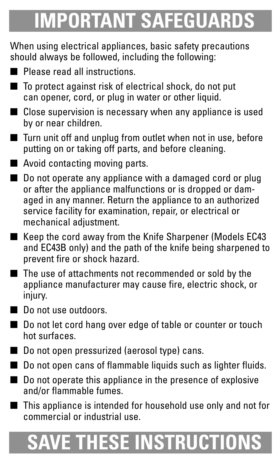 Safegaurds, Important safeguards save these instructions | Black & Decker EC43B User Manual | Page 2 / 12