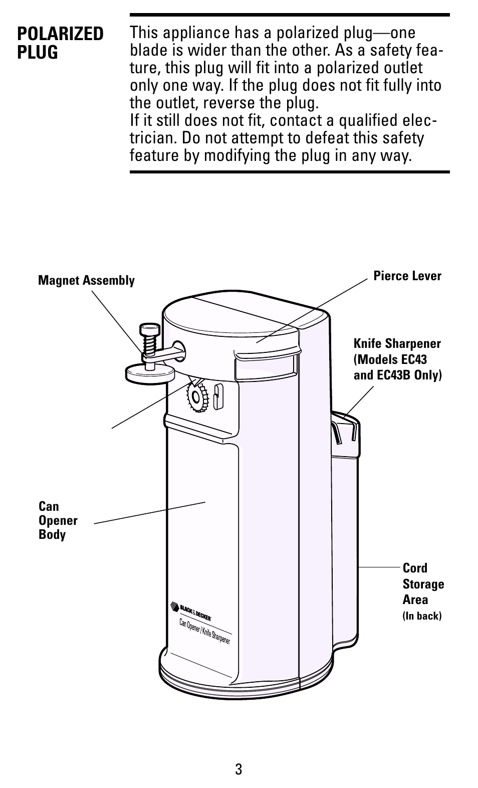 Polarized plug | Black & Decker EC43B User Manual | Page 3 / 12