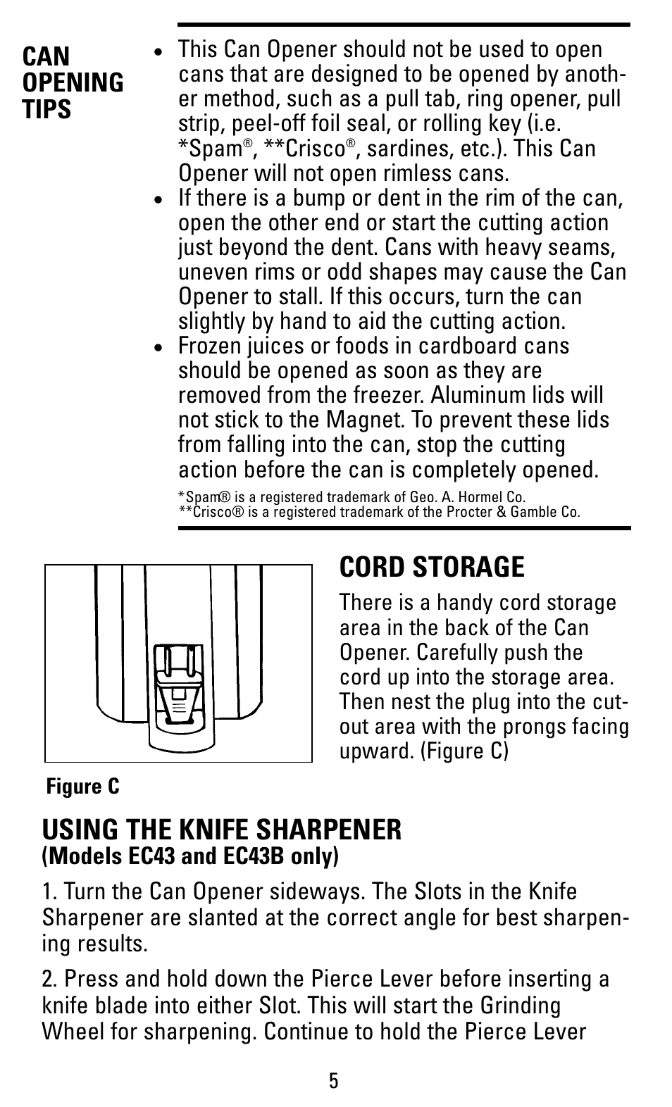 Cord storage, Using the knife sharpener, Can opening tips | Black & Decker EC43B User Manual | Page 5 / 12