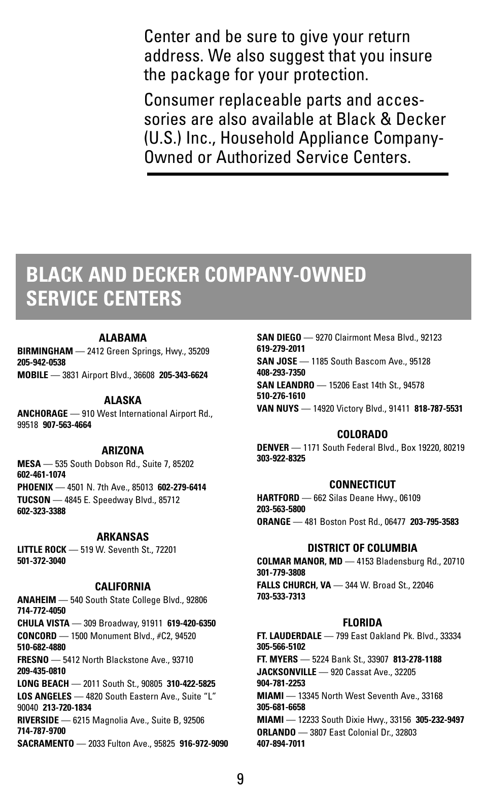 Black and decker company-owned service centers | Black & Decker EC43B User Manual | Page 9 / 12