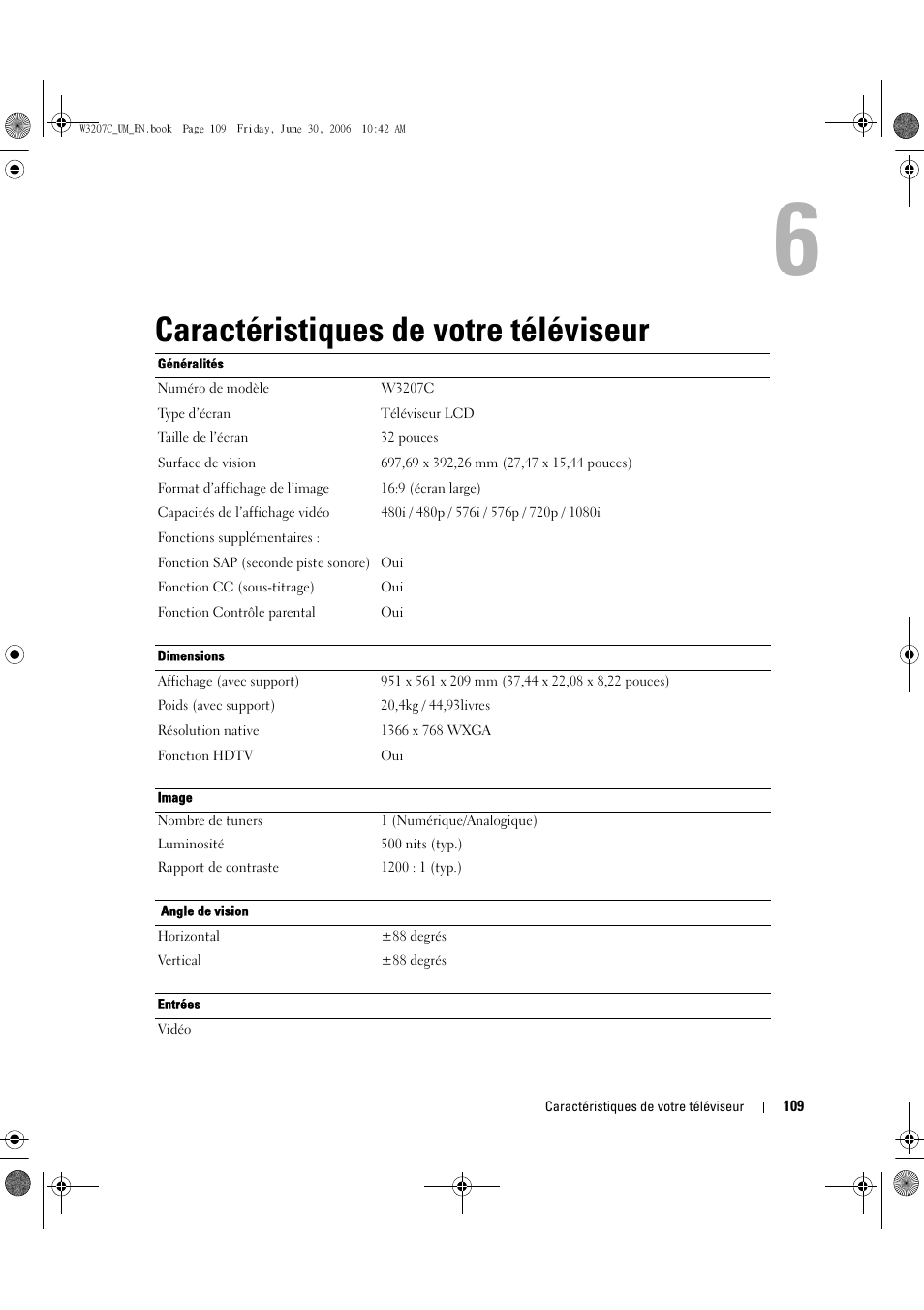 Caractéristiques de votre téléviseur | Dell LCD TV W3207C User Manual | Page 109 / 204