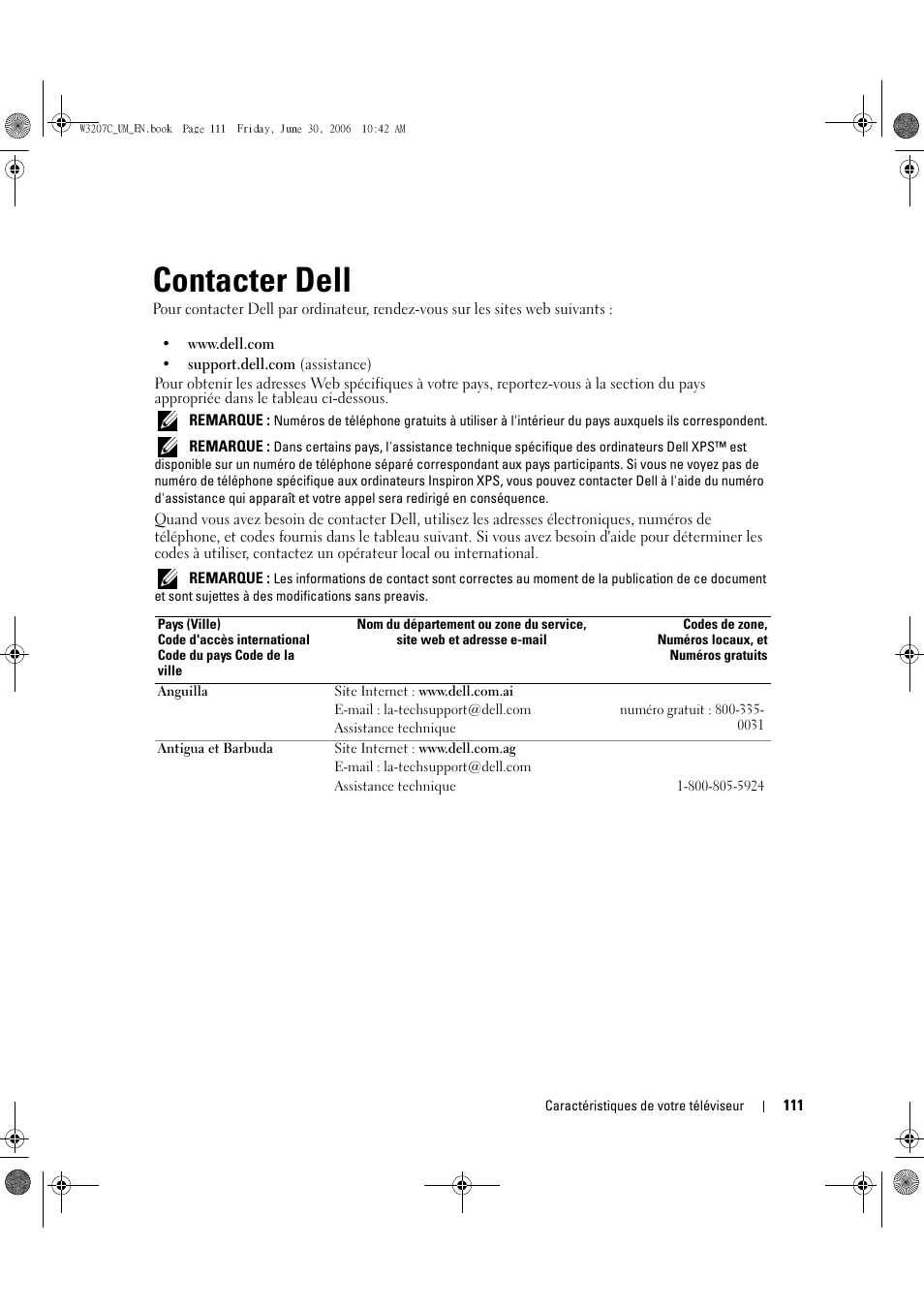 Contacter dell | Dell LCD TV W3207C User Manual | Page 111 / 204