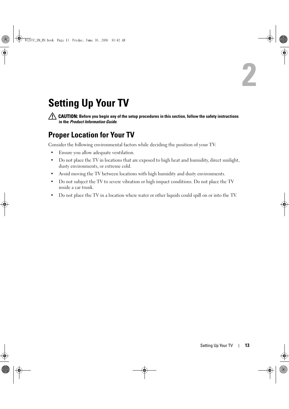 Setting up your tv, Proper location for your tv, 2 setting up your tv | Dell LCD TV W3207C User Manual | Page 13 / 204