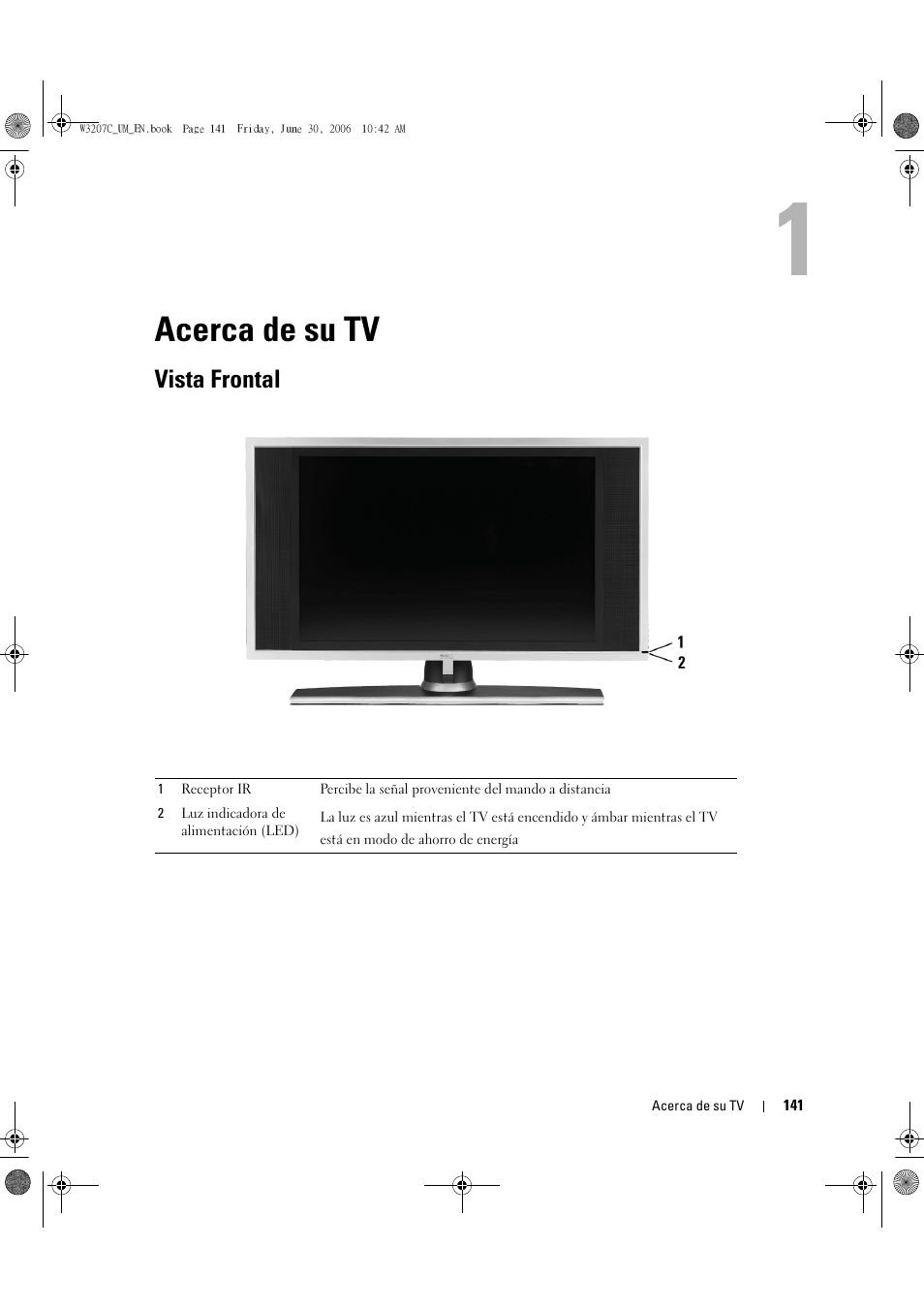 Acerca de su tv, Vista frontal | Dell LCD TV W3207C User Manual | Page 141 / 204