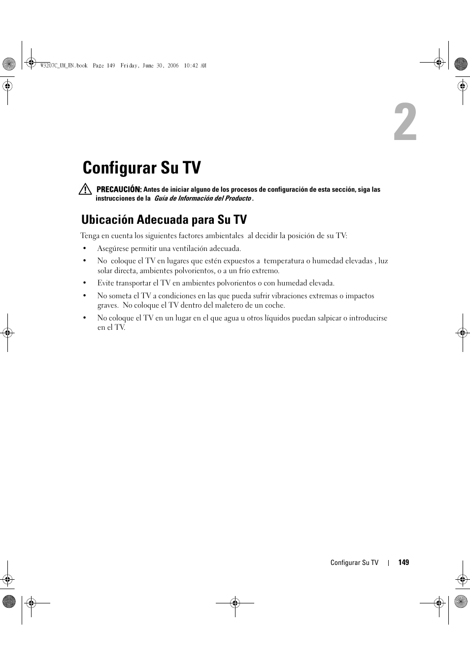 Configurar su tv, Ubicación adecuada para su tv | Dell LCD TV W3207C User Manual | Page 149 / 204