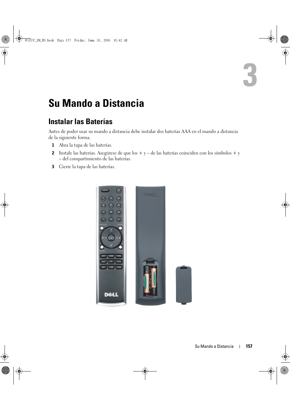 Su mando a distancia, Instalar las baterías | Dell LCD TV W3207C User Manual | Page 157 / 204