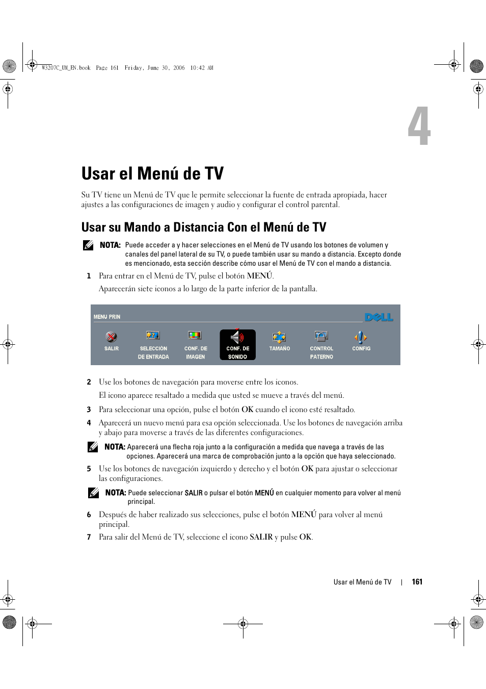 Usar el menú de tv, Usar su mando a distancia con el menú de tv | Dell LCD TV W3207C User Manual | Page 161 / 204