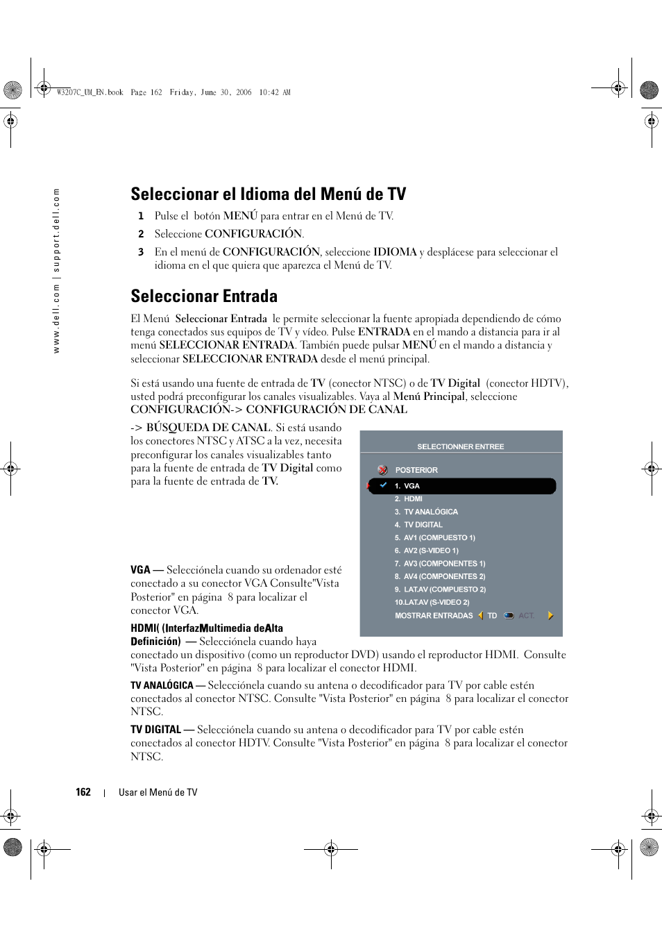 Seleccionar el idioma del menú de tv, Seleccionar entrada | Dell LCD TV W3207C User Manual | Page 162 / 204