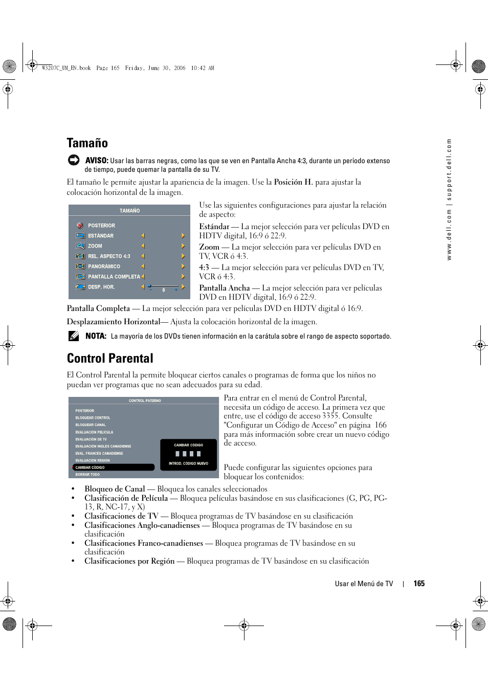 Tamaño, Control parental | Dell LCD TV W3207C User Manual | Page 165 / 204