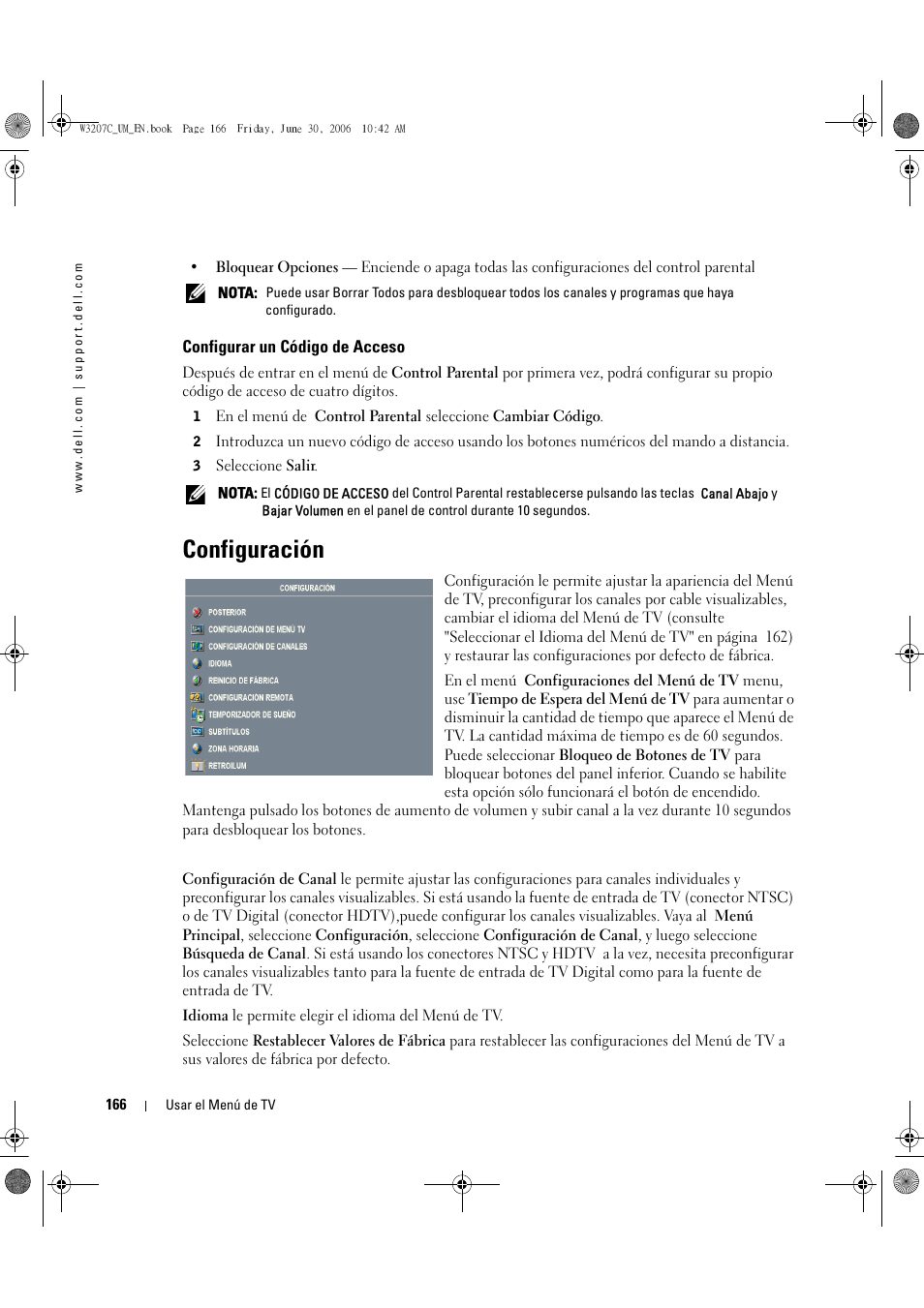 Configuración | Dell LCD TV W3207C User Manual | Page 166 / 204