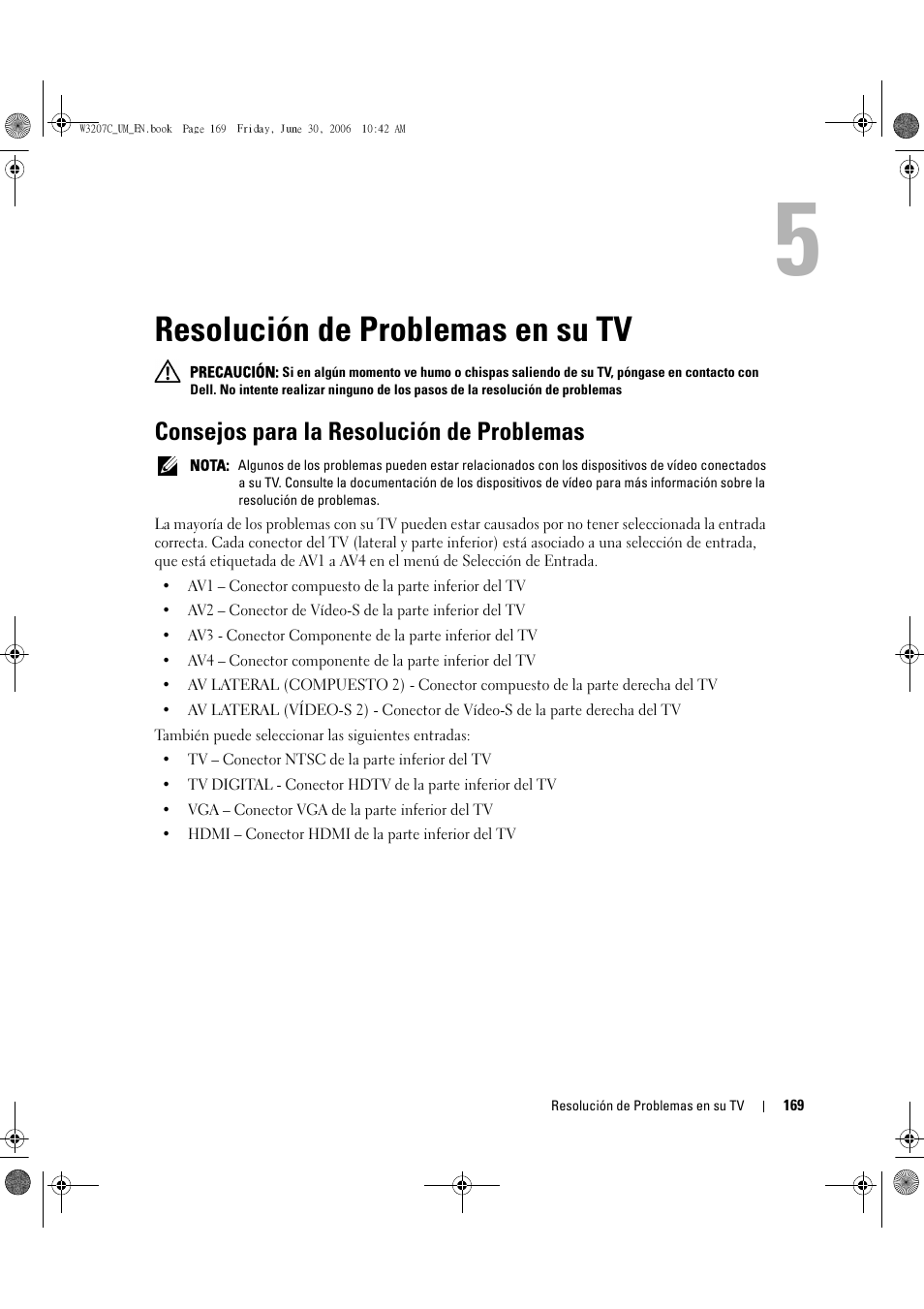 Resolución de problemas en su tv, Consejos para la resolución de problemas | Dell LCD TV W3207C User Manual | Page 169 / 204