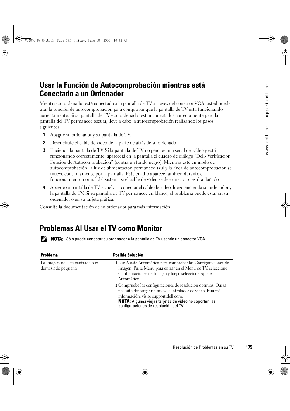 Problemas al usar el tv como monitor | Dell LCD TV W3207C User Manual | Page 175 / 204