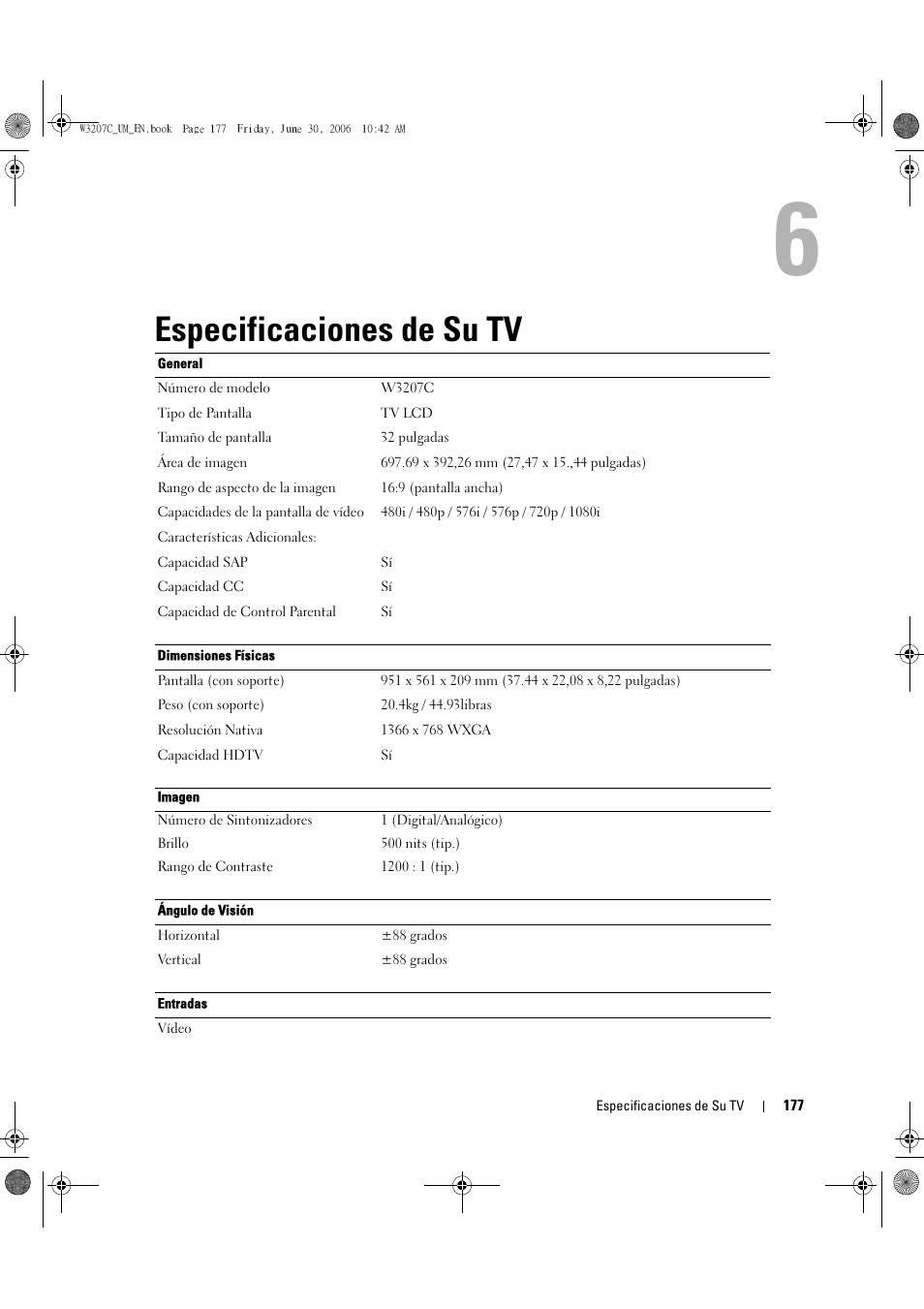 Especificaciones de su tv | Dell LCD TV W3207C User Manual | Page 177 / 204